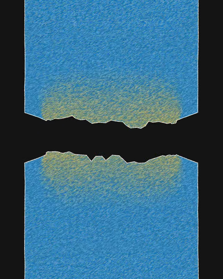 A glass plate with a notch in each side, from the app’s launch animation, drawn like colored pencil: pulled apart, it has broken across the notches, and its two halves ring after the break, colored by stress, blue where it is low and amber where it is high, computed with the app’s own solver.
