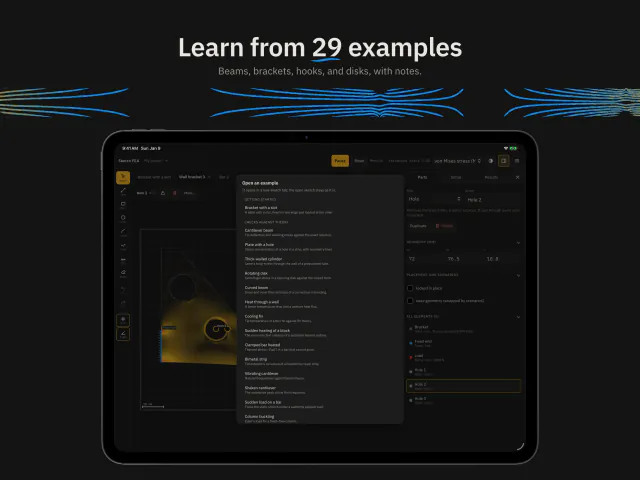 Learn from 29 examples. Beams, brackets, hooks, and disks, with notes. On iPad, the list of examples open over a drawn bracket: the starting example and the checks against theory.