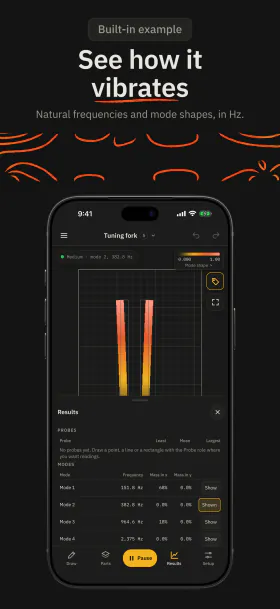 See how it vibrates. Natural frequencies and mode shapes, in Hz. Built-in example.