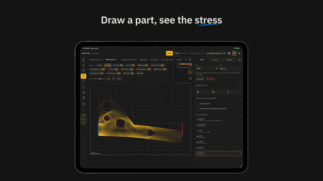 The iPad video: the headline “Draw a part, see the stress” above an iPad showing the wall bracket, colored by von Mises stress, with a fourth hole just drawn near the wall, beside the Parts panel.