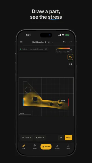 The iPhone video: the headline “Draw a part, see the stress” above an iPhone showing a wall bracket with three holes, colored by von Mises stress, as a fourth hole is drawn in its arm.